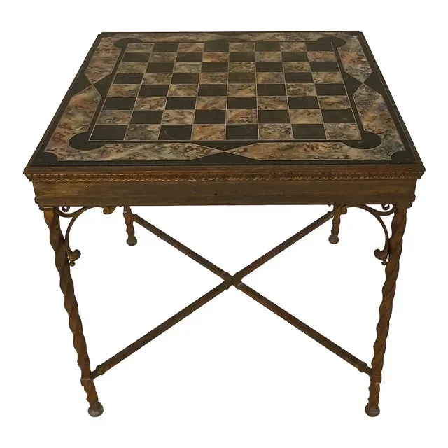 Antique Marble Wrought Iron Chess Table
