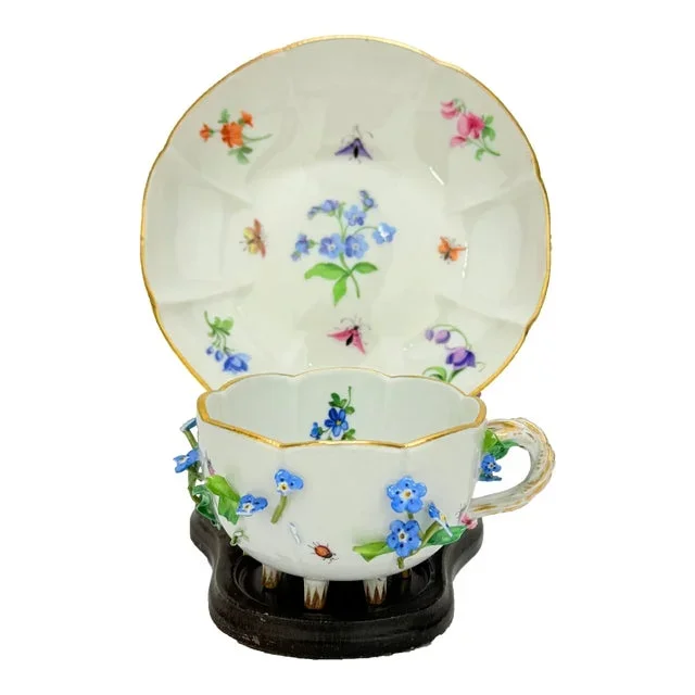 Antique Meissen Porcelain Floral Encrusted Tea Cup & Saucer