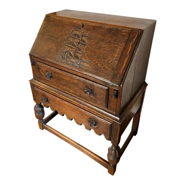 Antique Nautical English Oak Bureau Secretary Desk With Ship Motif