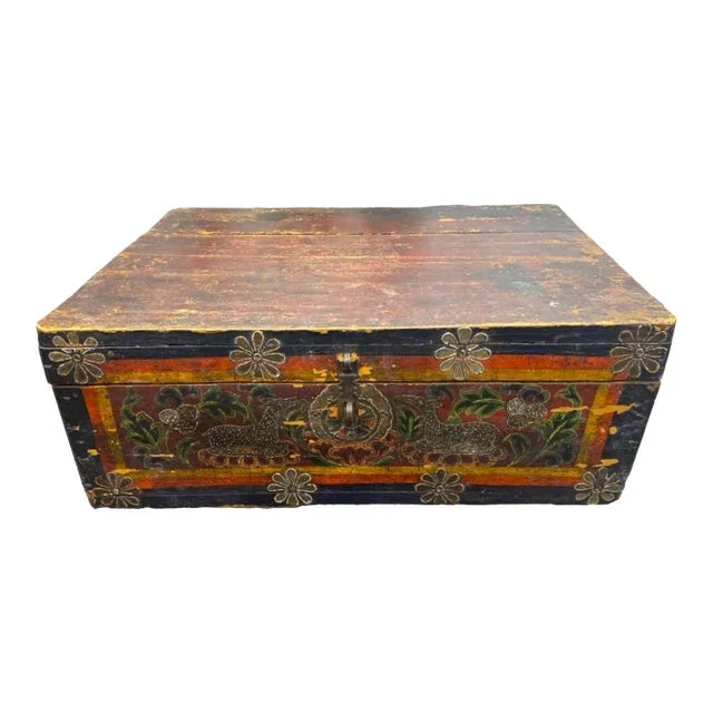 Antique Painted Wooden Tibetan Trunk 18th Century