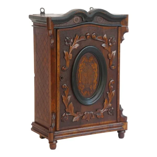 Antique Small Wooden Cabinet with Carved Ornaments and Marquetry