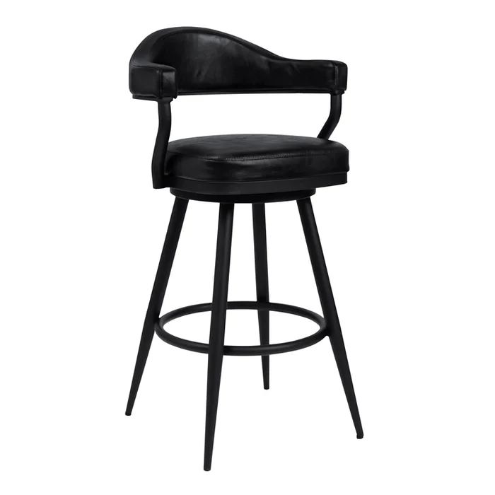 Armen Living Justin 26″ Counter Height Swivel Vintage Black Faux Leather Bar Stool with Black Metal Legs