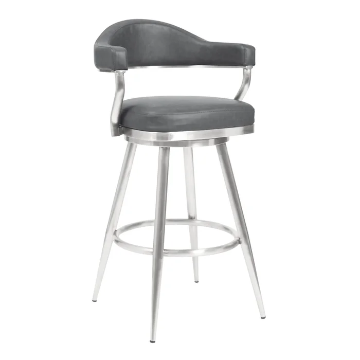 Armen Living Justin 26″ Counter Height Swivel Vintage Grey Faux Leather Bar Stool with Brushed Stainless Steel Legs