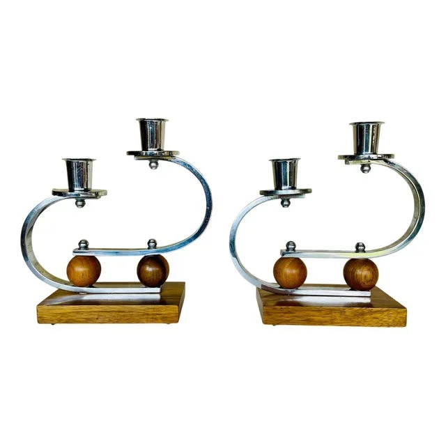 Art Deco Chrome and Walnut Candleholders, 1930s, Set of 2