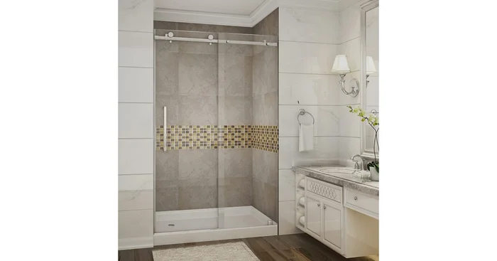 Aston Moselle 48″ x 77.5″ Frameless Sliding Shower Door with Base- Left Drain