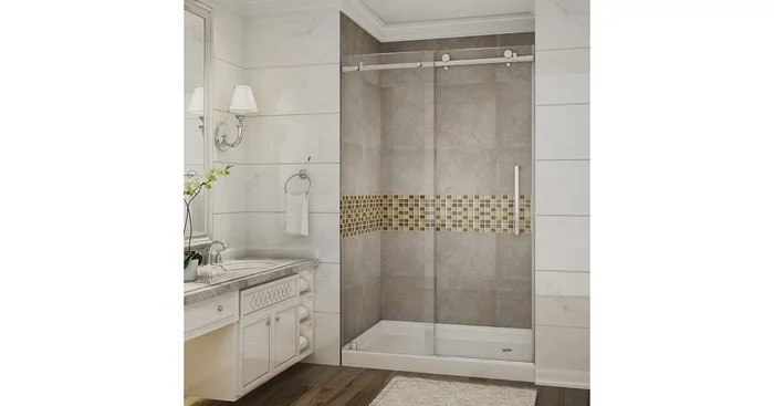 Aston Moselle 48″ x 77.5″ Frameless Sliding Shower Door with Base- Right Drain