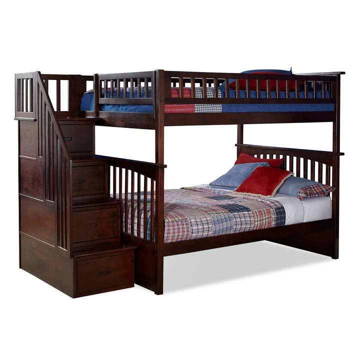 Atlantic Furniture Columbia Staircase Full over Full Storage Bunk Bed in Antique Walnut