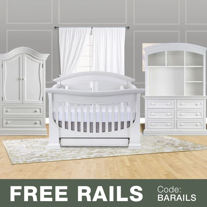 Baby Appleseed 4 Piece Nursery Set – Chelmsford 3-in-1 Convertible Crib, Davenport Double Dresser with Hutch and Armoire in Pure White