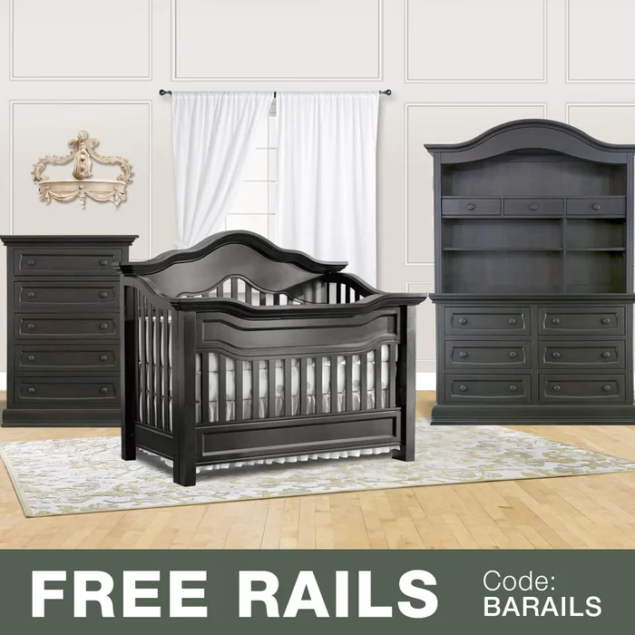 Baby Appleseed 4 Piece Nursery Set – Millbury 3-in-1 Convertible Crib, Davenport 5 Drawer Tall Dresser and 6 Drawer Double Dresser with Hutch in Brown Slate