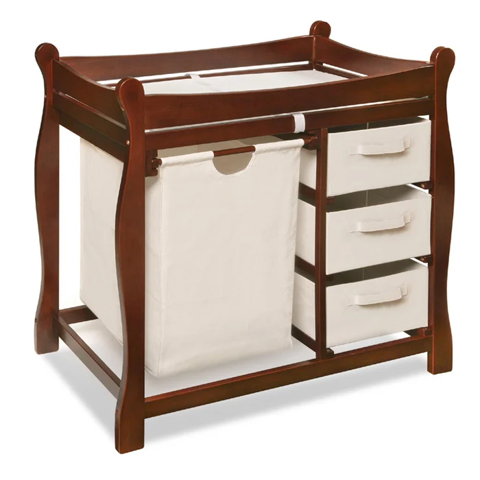 Badger Basket Sleigh Style Baby Changing Table with Hamper and 3 Baskets in Cherry