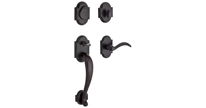 Baldwin Adirondack Left Handed Dummy Handleset with Rustic Arch Rose and Arch Lever on Interior