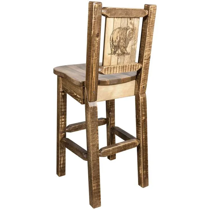 Barstool w/ Back & Laser Engraved Bear Design, Handcrafted in Montana U.S.A.