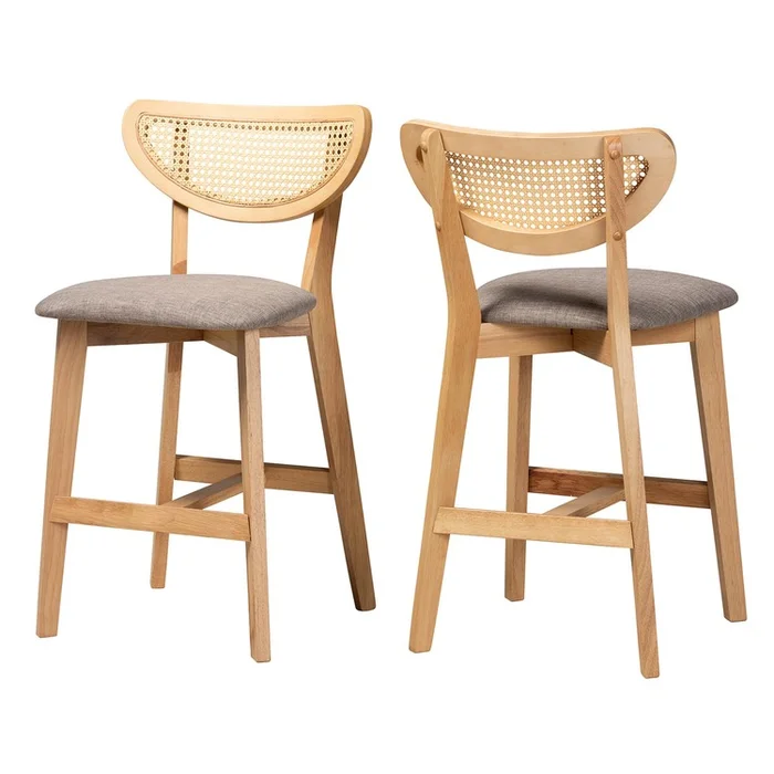 Baxton Studio Dannell Mid-Century Modern Grey Fabric and Natural Oak Finished Wood 2-Piece Counter Stool Set