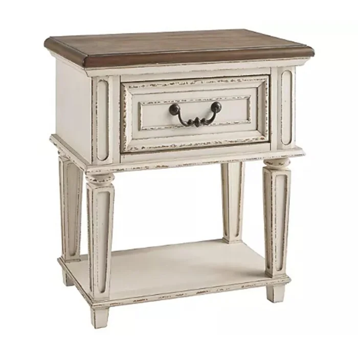 Benjara 1 Drawer Wooden Frame Nightstand with Tapered Legs, Brown and Antique White