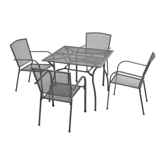 Benjara 5pc Outdoor Dining Table Set, 4 Stackable Armchairs, Gray Steel Metal
