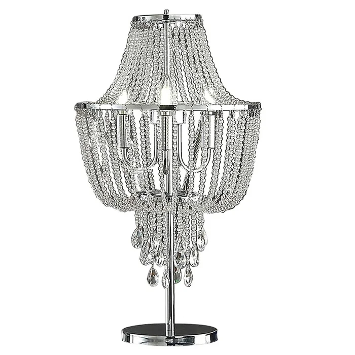 Benjara Cara 27 Inch Table Lamp, Hanging Drop Design, Crystal and Metal, Chrome