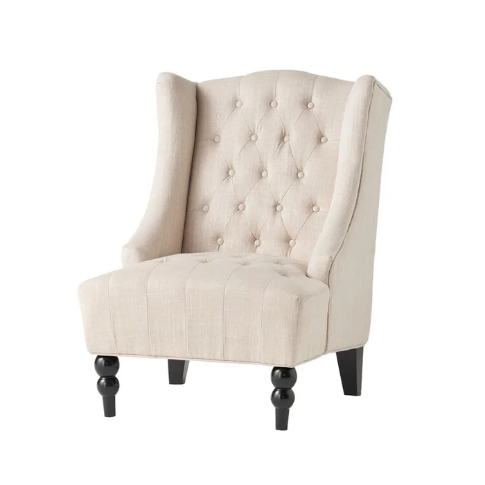 Benjara Club Chair, High Wingback, Birch Wood Legs, Beige Button Tufted Fabric