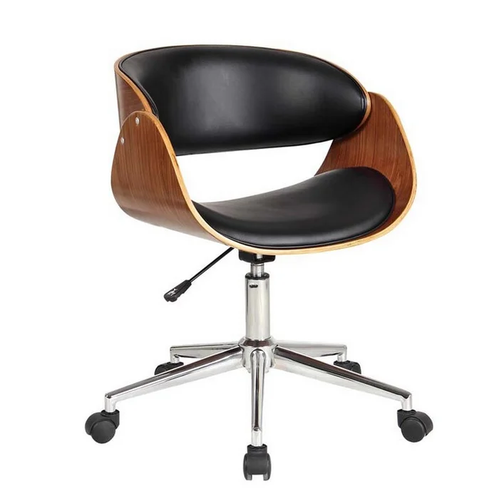 Benjara Joan 23 Inch Office Chair, 360 Swivel, Black Faux Leather and Brown Frame