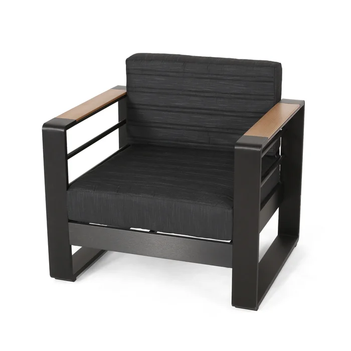Benjara Outdoor Accent Club Chair Set of 2, Slatted Open Back, Aluminum, Dark Gray
