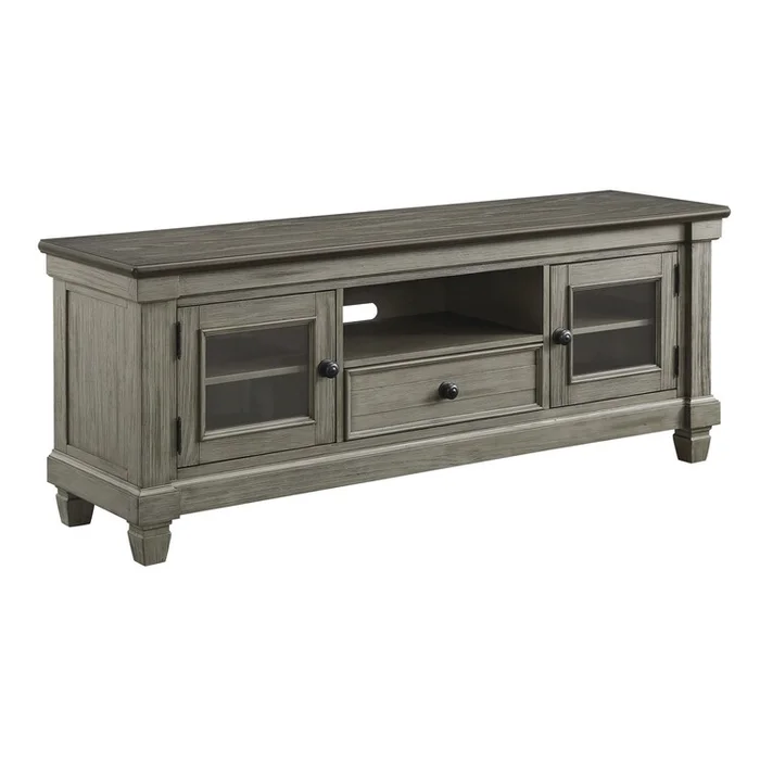 Benjara Rome 64 Inch TV Media Entertainment Console, Brown and Gray, Solid Wood