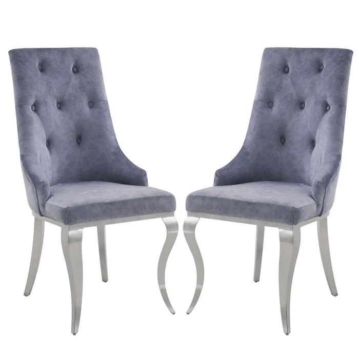 Benjara Side Chair with Button Tufting and Metal Legs, Set of 2, Gray and Silver