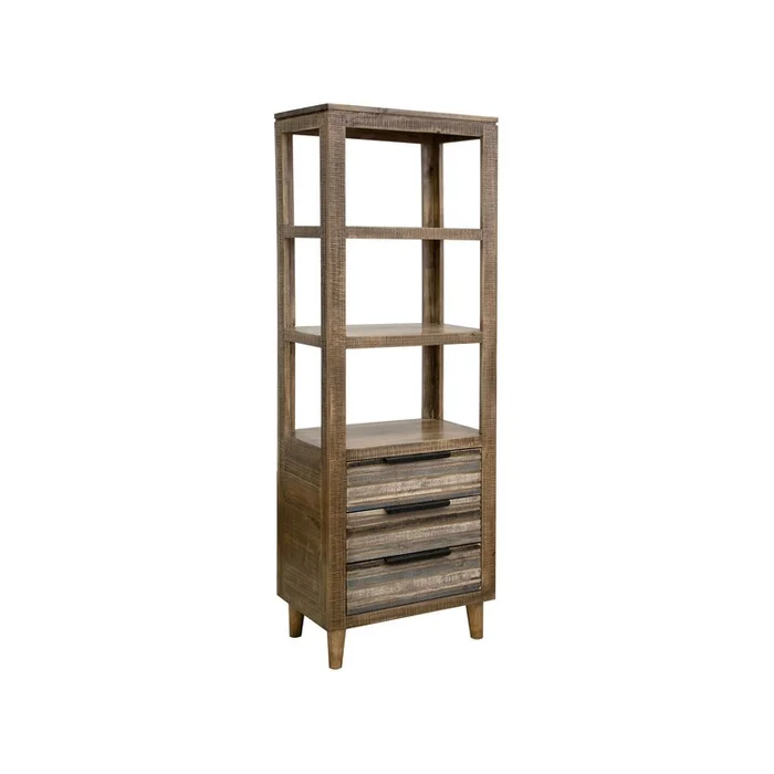 Benjara Tisha 73 Inch Bookcase, 3 Drawers, 3 Open Shelves, Solid Wood, Chalk Brown