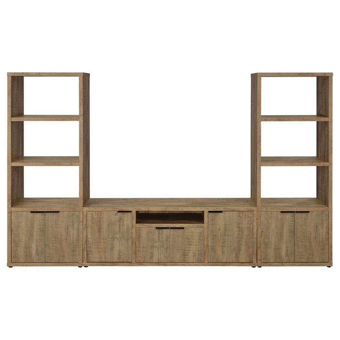 Benjara TV Entertainment Console with 2 Media Tower, 4 Cabinets, Natural Brown Wood