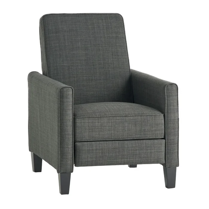Benjara Zuca Pushback Recliner Club Chair, Premium Padded, Black Wood, Gray Linen