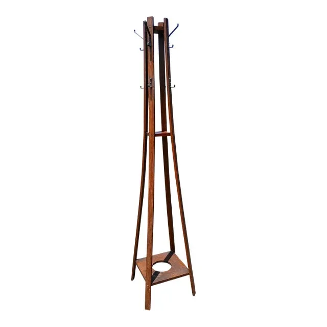 Bent Oak Wood Arts and Crafts Mission Floor Coat Hat Rack Stand Umbrella Holder 1930s