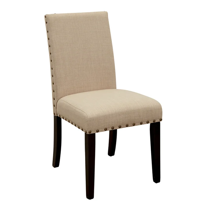 Benzara Fabric Upholstered Solid Wood Side Chair with Nail Head Trim, Pack of Two, Beige and Brown