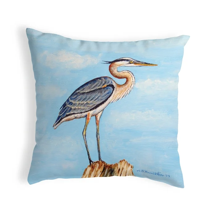 Betsy Drake Interiors Blue Heron on Stump Small No-Cord Pillow 12×12