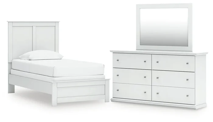 Bostwick Shoals Twin Panel Bed with Mirrored Dresser in White