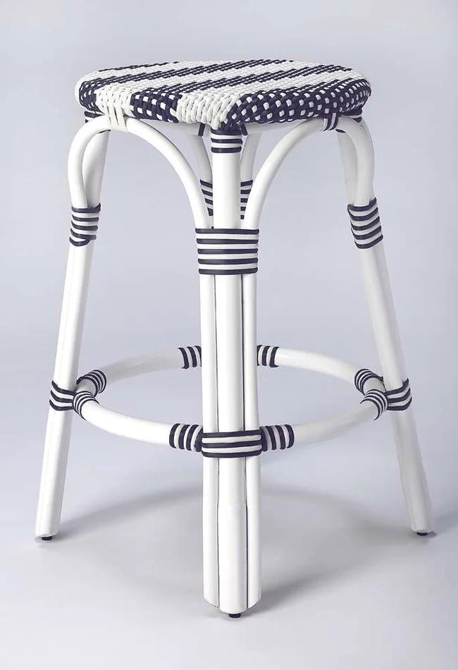 Butler Specialty Company – Tobias 24 in. Seat Height Rattan Round Backless Counter Height Stool with Footrest, Navy/White Stripe – 9371035_CLOSEOUT