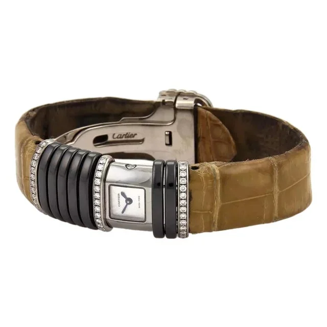 Cartier Declaration Diamond Titanium 18k White Gold Leather Band Watch Quartz