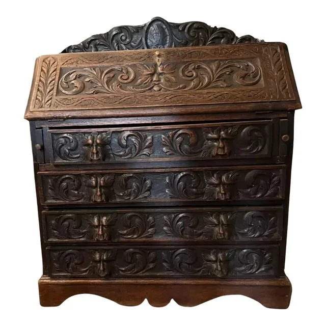 Carved Oak, Georgian, English, Slant Drop, 1800s Antique Secretaire, Desk,