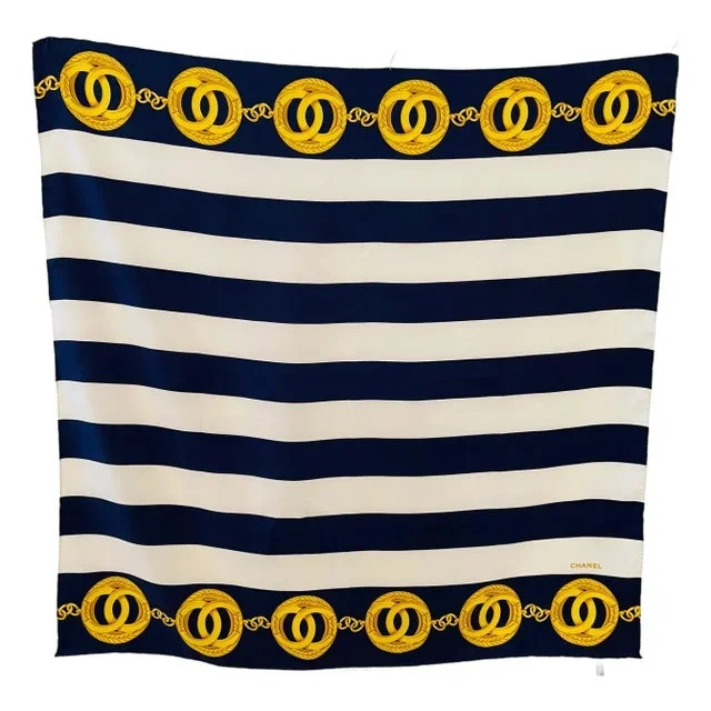 Chanel Vintage Foulard Soie Décapant Bleu Et Blanc Marine