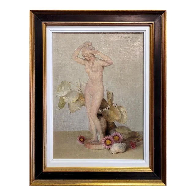 Charles Perron -Study of a Terracotta Nude Female in Still Life-1920s Oil Panting