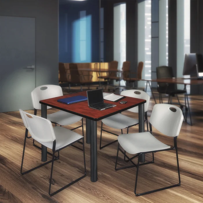Cherry/Black Square Breakroom Table & Grey Stack Chairs Set – Regency Seating