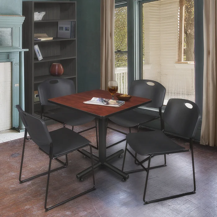 Cherry Wood Square Breakroom Table & Black Stack Chairs Set – Regency Seating