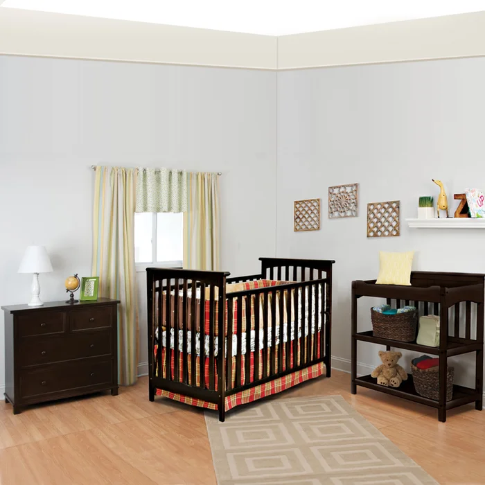 Child Craft 3 Piece Nursery Set – Monterey 3-in-1 Stationary Crib, Flat Top Dressing Table and 3 Drawer Single Dresser in Jamocha