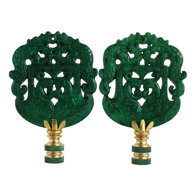 Chinese Archaic Style Carved Stone Lamp Finials on Brass Hardware – A Matching Pair