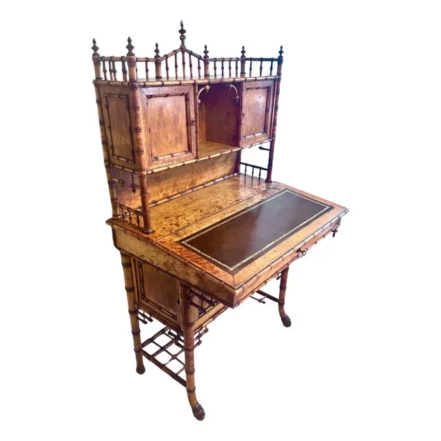 Chinese Chippendale Style English Bamboo Slanted Lift-Top Secretary Desk