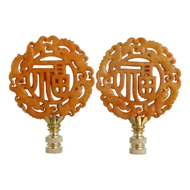 Chinese Good Fortune Symbol Carved Stone Lamp Finials on Brass Hardware – A Pair