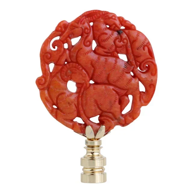 Chinese Wildlife Carved Stone Lamp Finial on Golden Brass Hardware
