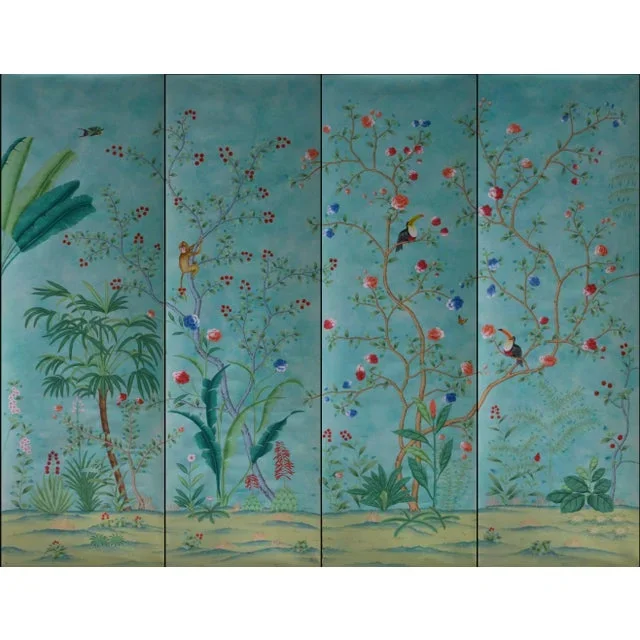 Chinoiserie Murals Hand Painted Wallpapers on Blue Edo Xuan Paper Panel – 4 Panels