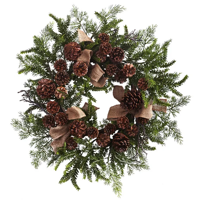 Classic Pine Wreath with Burlap Bows & Pine Cones – 24 Diameter – Nearly Natural