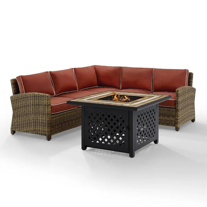 Crosley Furniture – Bradenton 4 Piece Outdoor Wicker Sectional Set With Fire Table Weathered Brown/Sangria – Right Corner Loveseat, Left Corner Loveseat, Corner Chair, Fire Table – KO70157-SG