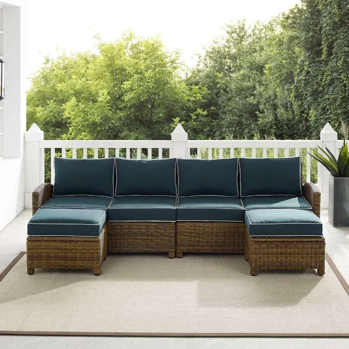 Crosley Furniture – Bradenton 4Pc Outdoor Wicker Sectional Set Navy -Weathered Brown – Left Loveseat, Right Loveseat, and 2 Ottomans – KO70187WB-NV
