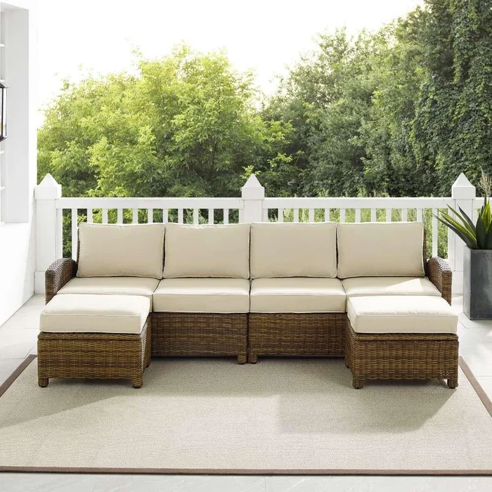 Crosley Furniture – Bradenton 4Pc Outdoor Wicker Sectional Set Sand -Weathered Brown – Left Loveseat, Right Loveseat, and 2 Ottomans – KO70187WB-SA