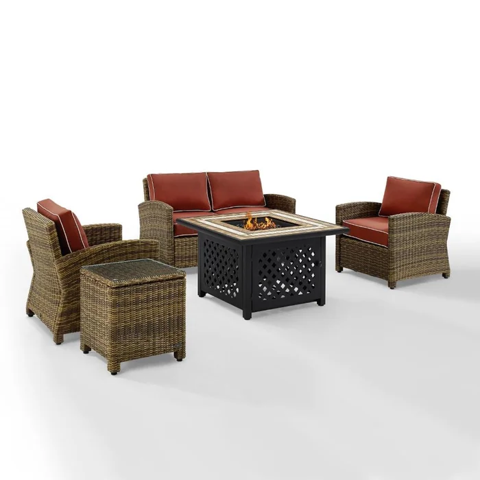 Crosley Furniture – Bradenton 5 Piece Outdoor Wicker Conversation Set With Fire Table Weathered Brown/Sangria – Loveseat, 2 Arm Chairs, Side Table, Fire Table – KO70162-SG